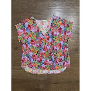 Staccato Womens Floral Surplice V-Neck Rayon Blouse Multicolor Short Sleeve M